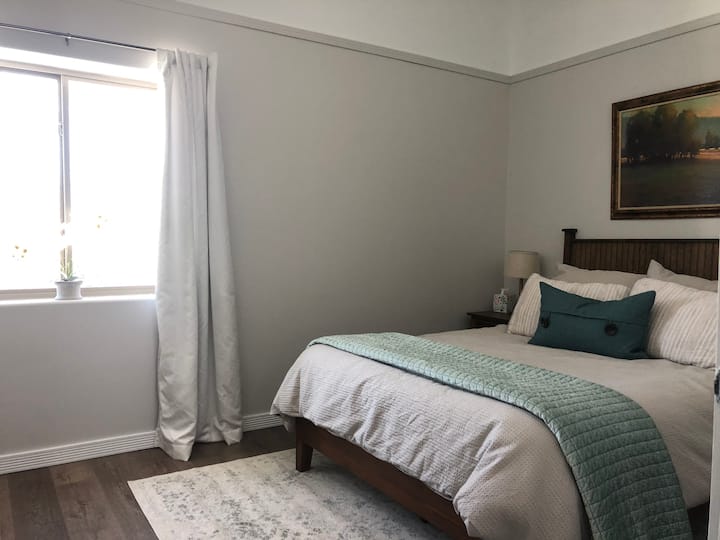Temperpedic queen mattress. Cotton sheets. Several pillows to choose from. There is an extra blanket in the crate above the fridge. During summer months a window air conditioner is in this room for your comfort. 