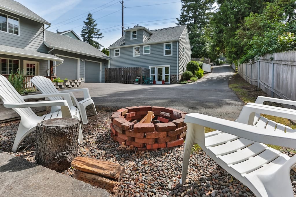 Off street parking area and fire pit