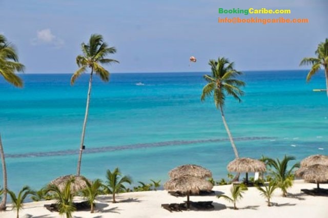 A scenic view of the Caribbean Sea includes gentle waves lapping at the shore, framed by swaying palm trees. Thatched umbrellas are positioned on the beach, providing shaded areas amidst soft white sand, while a parasail can be seen in the distance against a clear blue sky.