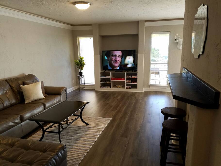 Plush leather couch for watching TV after the ski-boat trip or day at the lake.