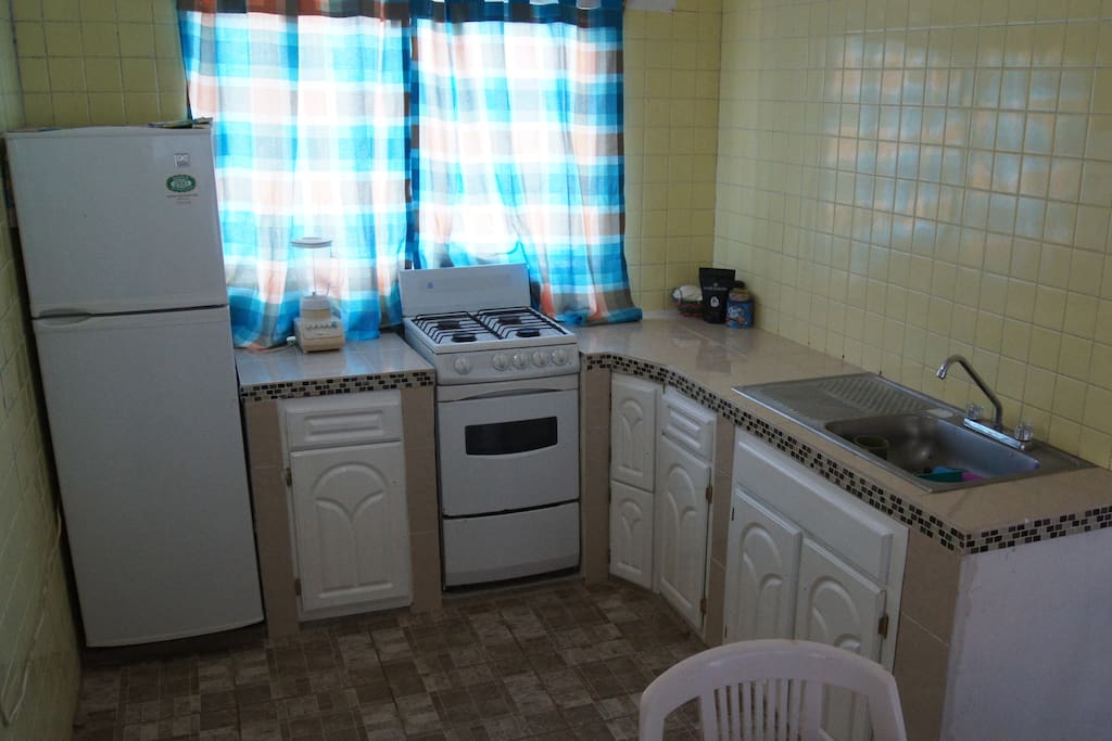 cocina, con utensilios y enseres, estufa, refrigerador y licuadora