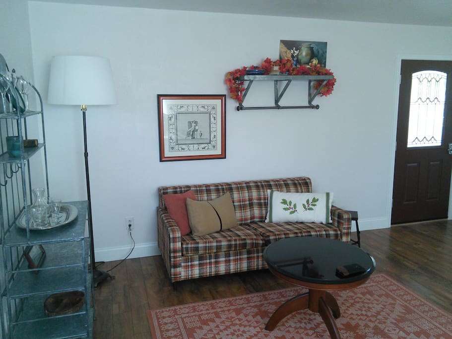 Living area with a sleeper sofa.