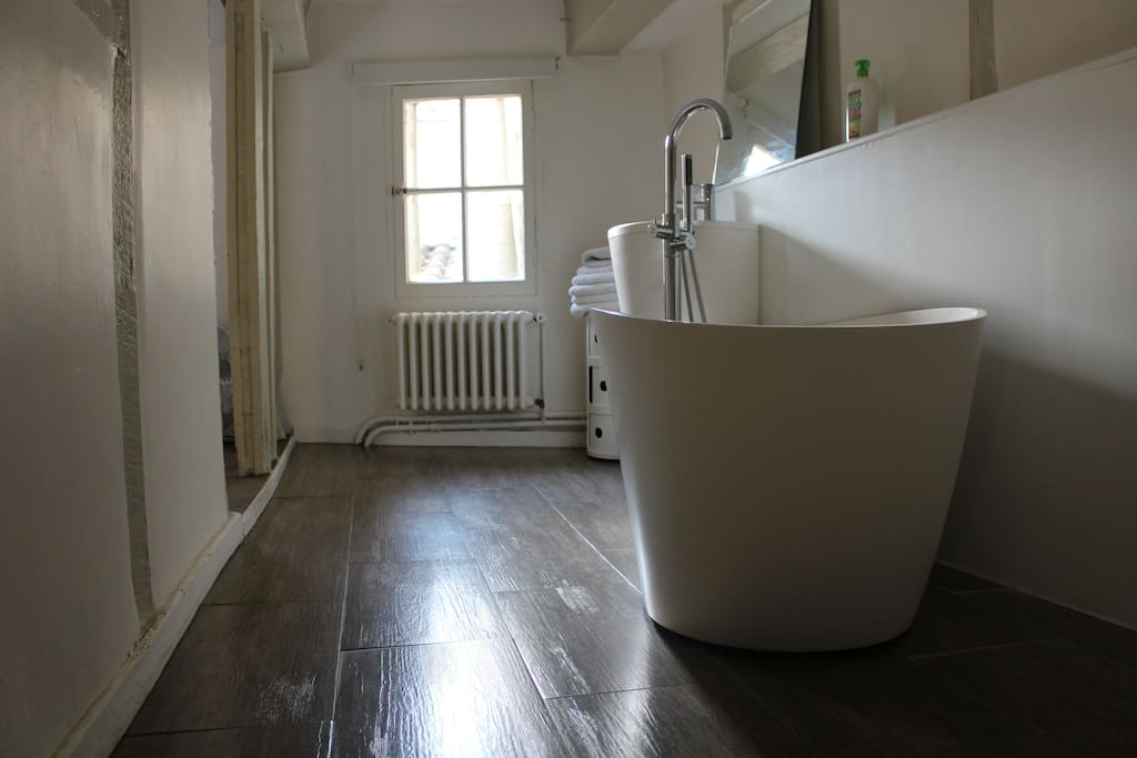 Salle de bain: Mixte entre colombages de l'époque et baignoire d'aujourd'hui...