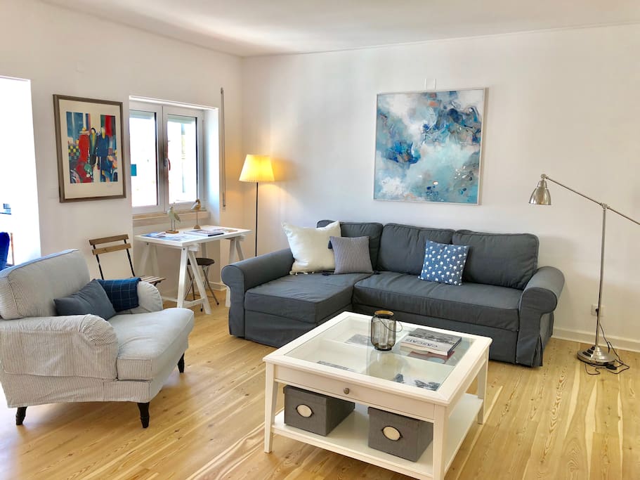 The comfortable and stylish living room with sofa-bed