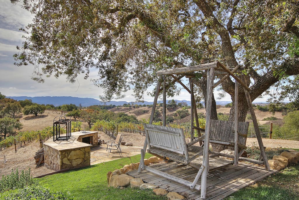 Sip your favorite wine overlooking vineyard and BBQ pit