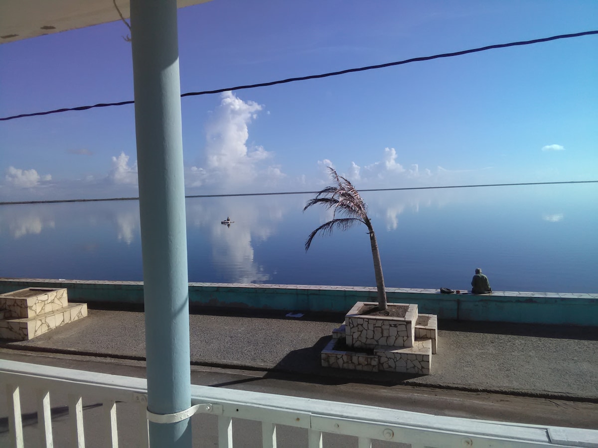 A view from a balcony captures the calm sea, reflecting light blue skies and cottony clouds. A solitary palm tree stands in a stone planter along a smooth sidewalk. In the distance, a small boat can be observed on the water's surface.