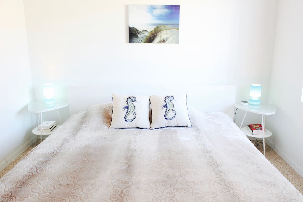 The bedroom has a queen bed and plenty of natural light.