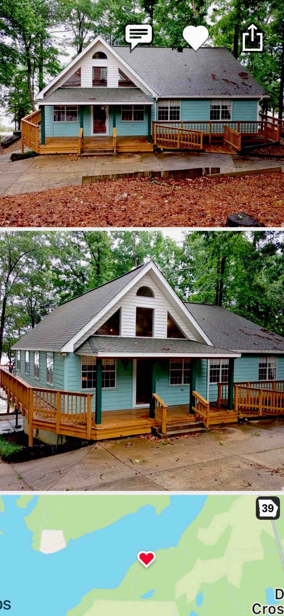 The exterior of a charming chalet is presented, featuring a light blue exterior with multiple decks and a welcoming entrance. The surrounding area has lush greenery, and a pathway leads up to the house, creating an inviting atmosphere for guests.