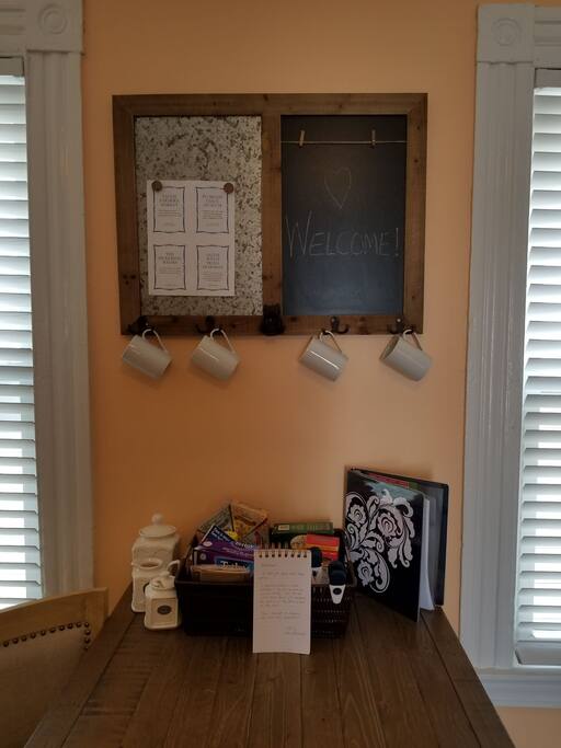 Enjoy some coffee or tea as you browse the welcome binder with information on things to do and restaurants close by