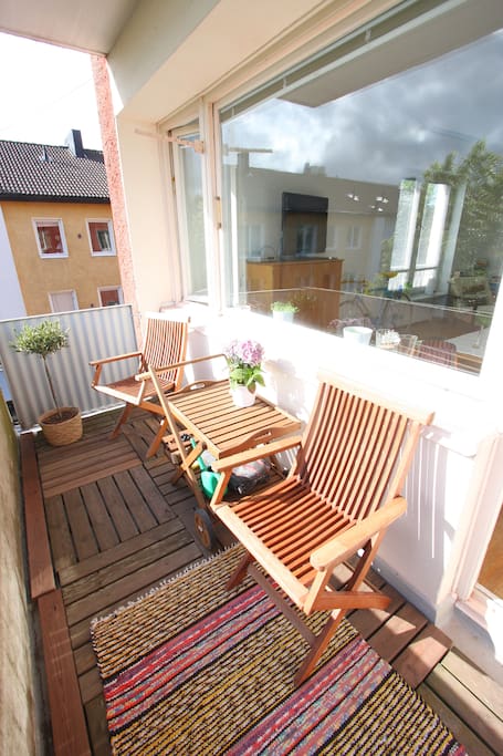 I love the balcony which faces east, so you get some morning sun. I have a small olive tree there and in the summer I also grow herbs: thyme, coriander, chives and parsley - feel free to use if cooking! For the winter, if it's not too cold outside, it's nice to wrap yourself in a blanket and have a cup of hot tea or coffee there. If it's not snowing, that is :)