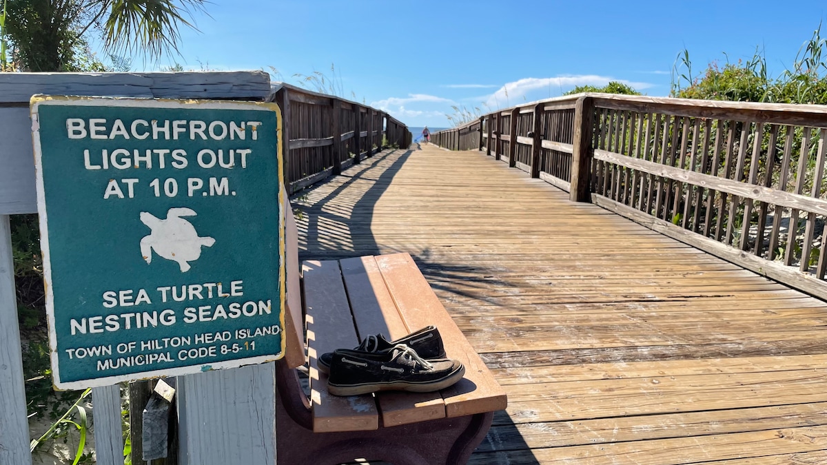 A wooden boardwalk extends towards the beach, lined with tall grass on either side. A sign indicating beachfront rules stands next to a vacant bench. The sky is clear, and the ocean is visible in the distance.
