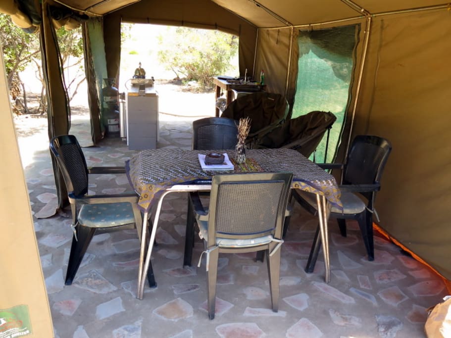 The dining area and kitchen.