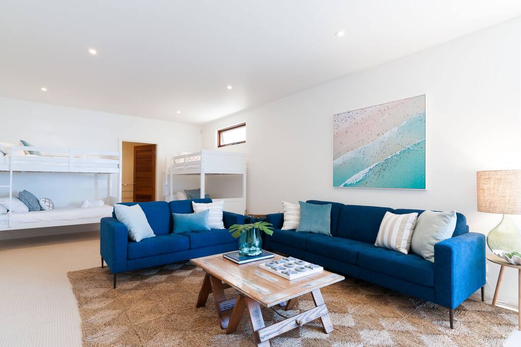 Lower ground level, bedroom 6 and second TV and living area, 2x bunks