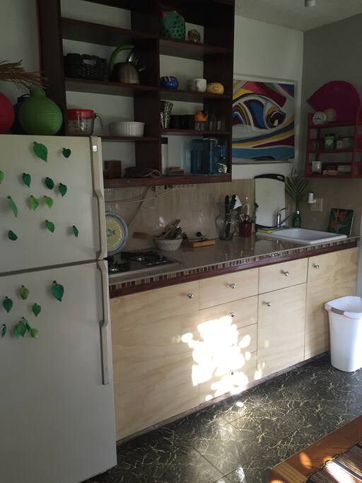 Kitchen. 3 gas burners, but I have double electric hotplate available. Large toaster oven on counter(not shown). Water filter on sink(waiting to be installed).
