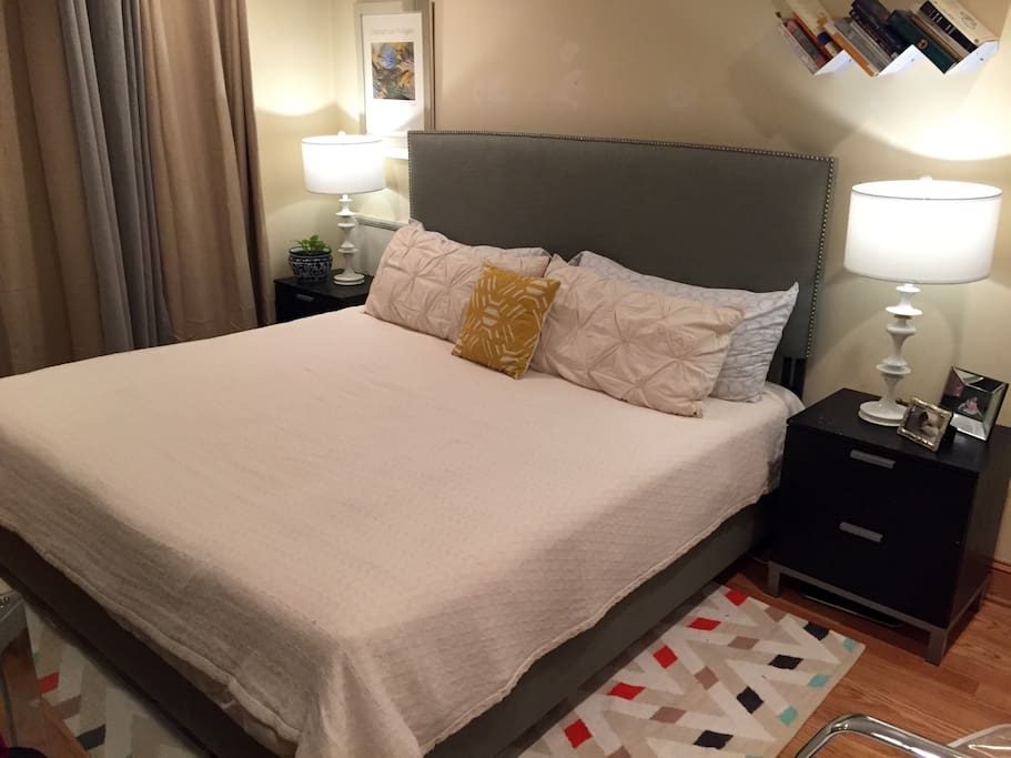 Large Bedroom; King Size Bed - Memory Foam; Two walls of Windows, beautiful morning light; Blackout Curtains for Privacy.