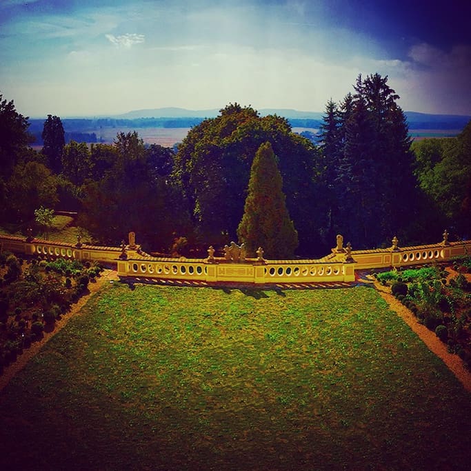 Formal garden in private park overlooking valley