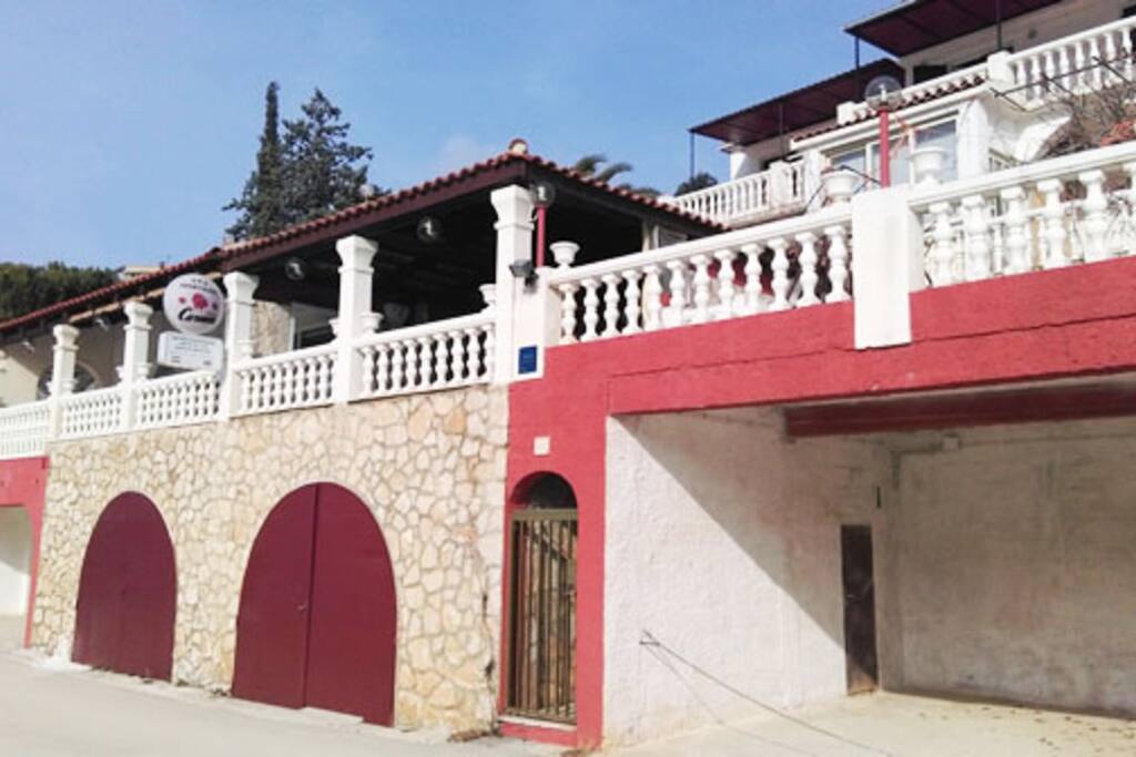 the front of the house, garage