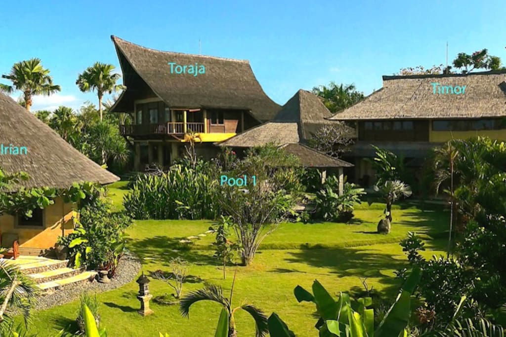 Villa Bungadesa ( 7 bedrooms) consisting of Pavilion Toraja (2br), Pavilion Irian (1 br) and Pavilion Timor (4br). Need more space? 4 more bedrooms and another pool are awaiting you by simply opening a gate to "little bungadesa".