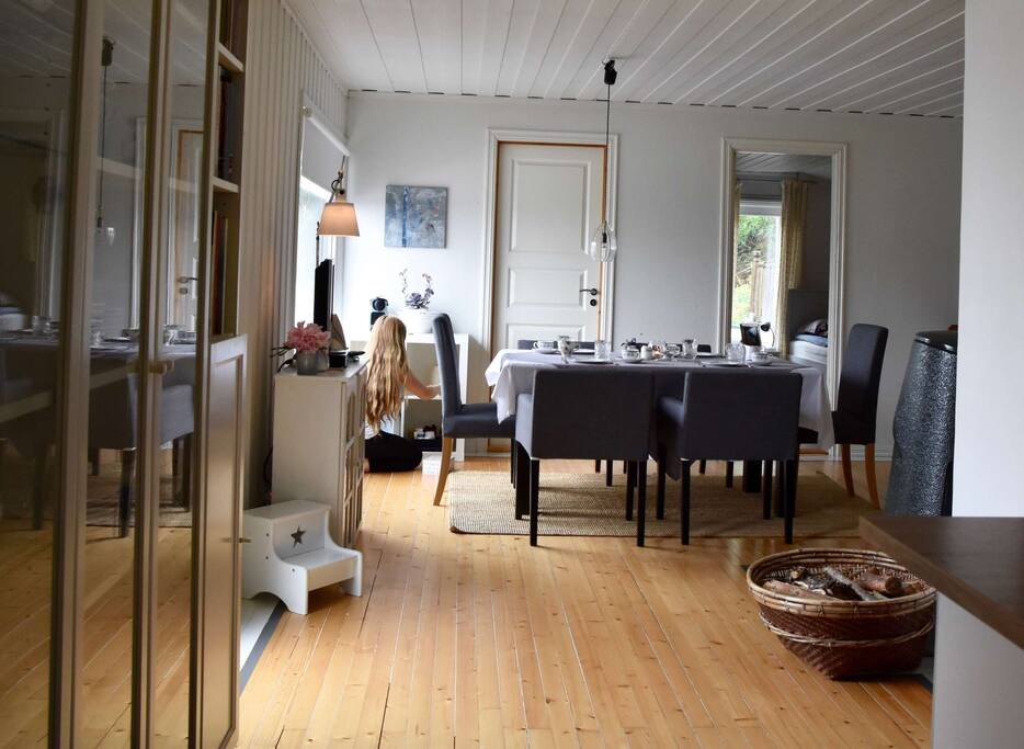 Kitchen with dining table and door out to the patio