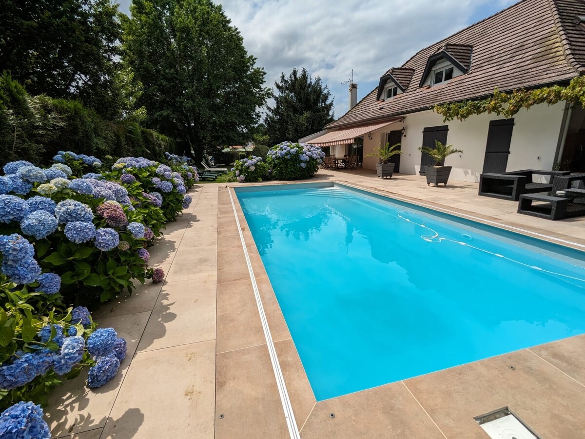 A spacious swimming pool with clear blue water is framed by blooming hydrangeas in shades of blue and purple. Nearby, a comfortable seating area and lush greenery enhance the outdoor space, providing a serene environment for relaxation.