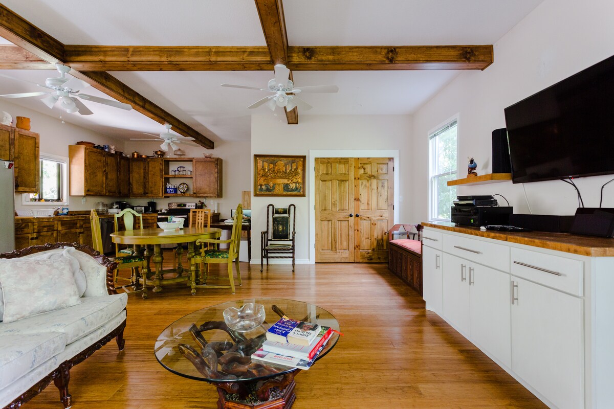 Secluded tree house apartment with high ceilings.