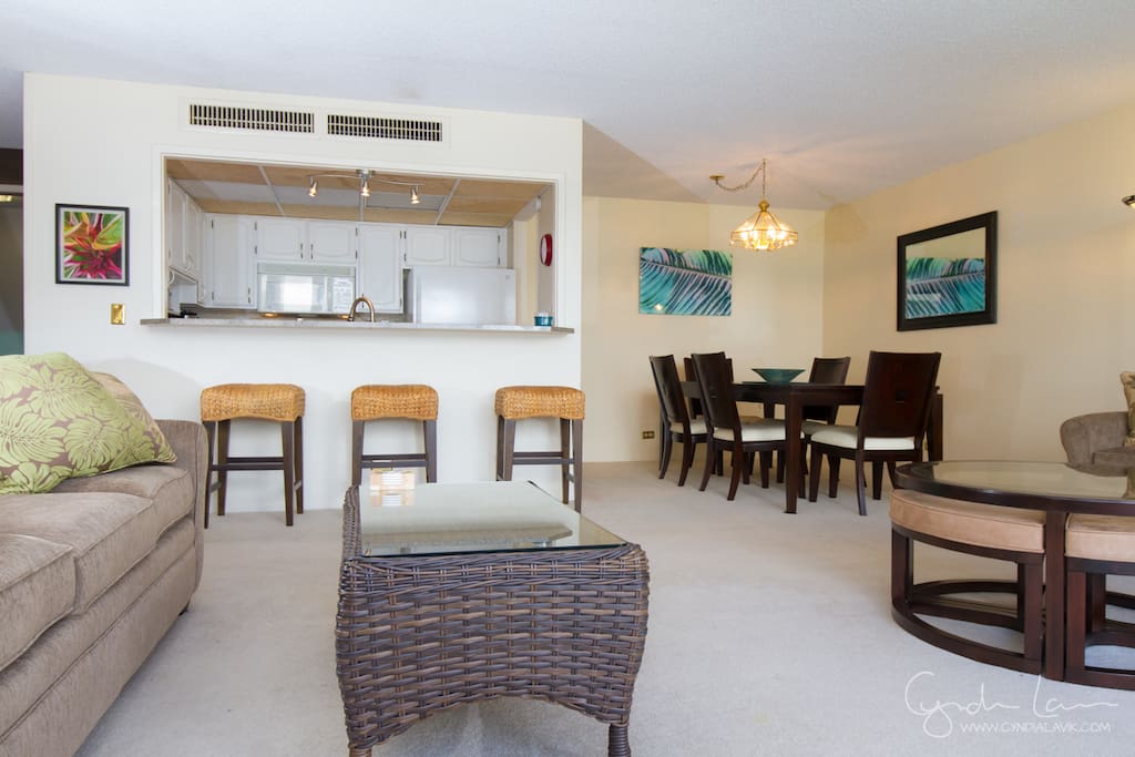 Living room, dining area and kitchen