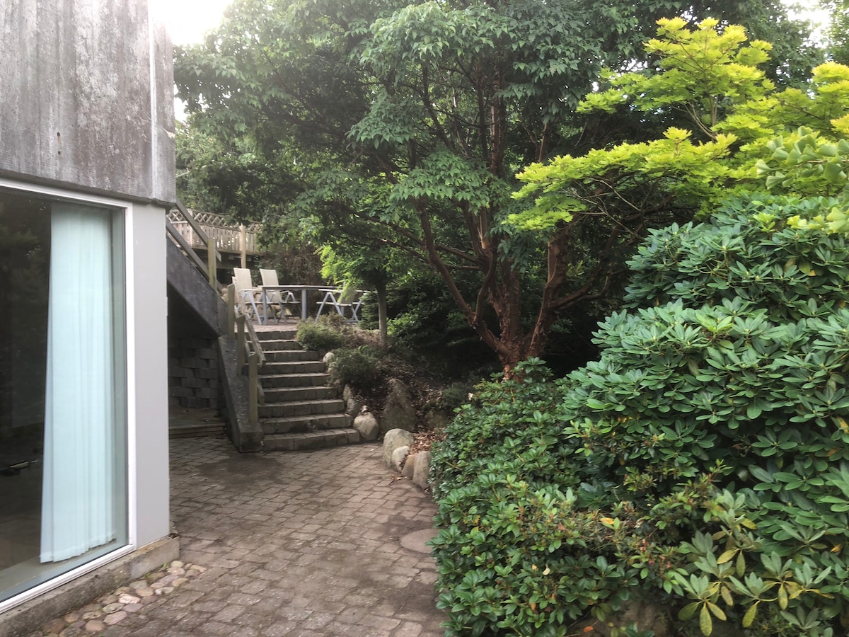 A stone path leads through landscaped greenery, bordered by lush shrubs and trees. A staircase is visible, ascending to a deck area with light outdoor furniture. The soft natural light filters through the trees, creating a tranquil garden setting.