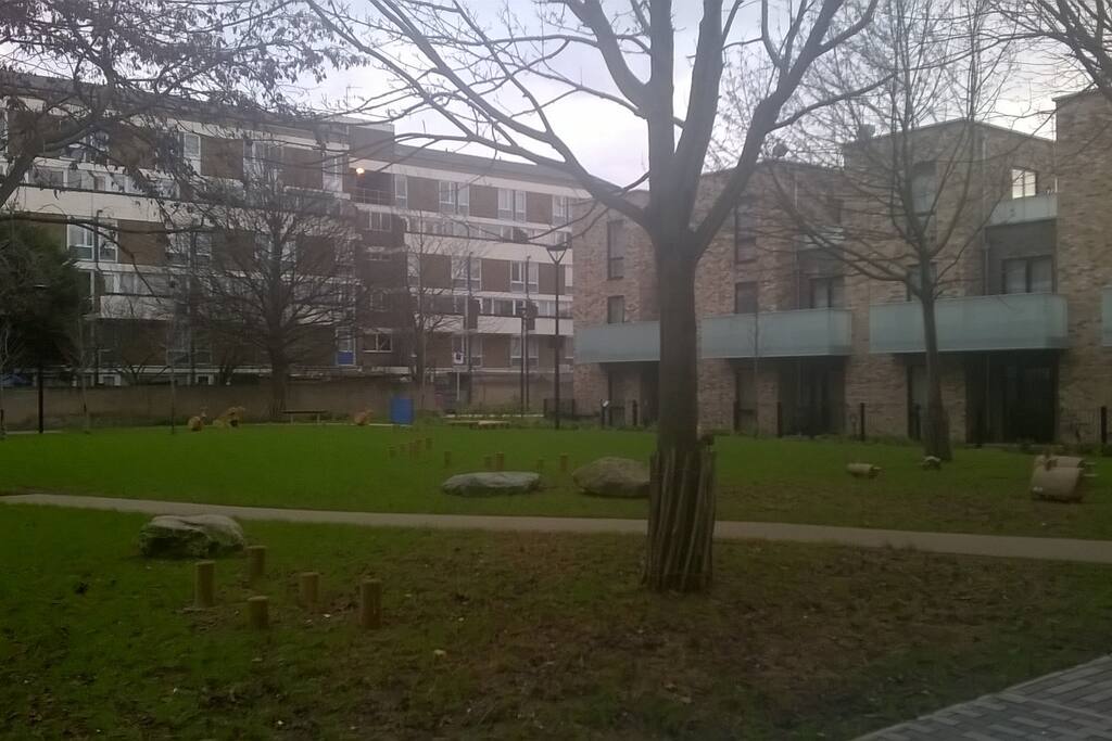 the garden outside the flat; walk further down the road and you'll hit Roman Road's many cafes (Fica, Chesterfield, etc.)