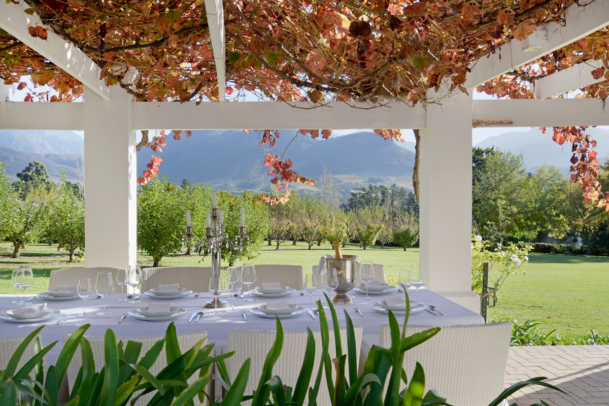 A spacious outdoor dining area is surrounded by lush greenery, with a table set for a meal. Elegant tableware is arranged neatly on a white tablecloth, and climbing vines drape overhead, creating a shaded and inviting atmosphere. Scenic views of mountains are visible in the background.