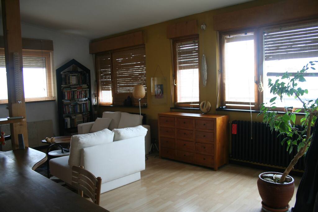 View over open space and living room