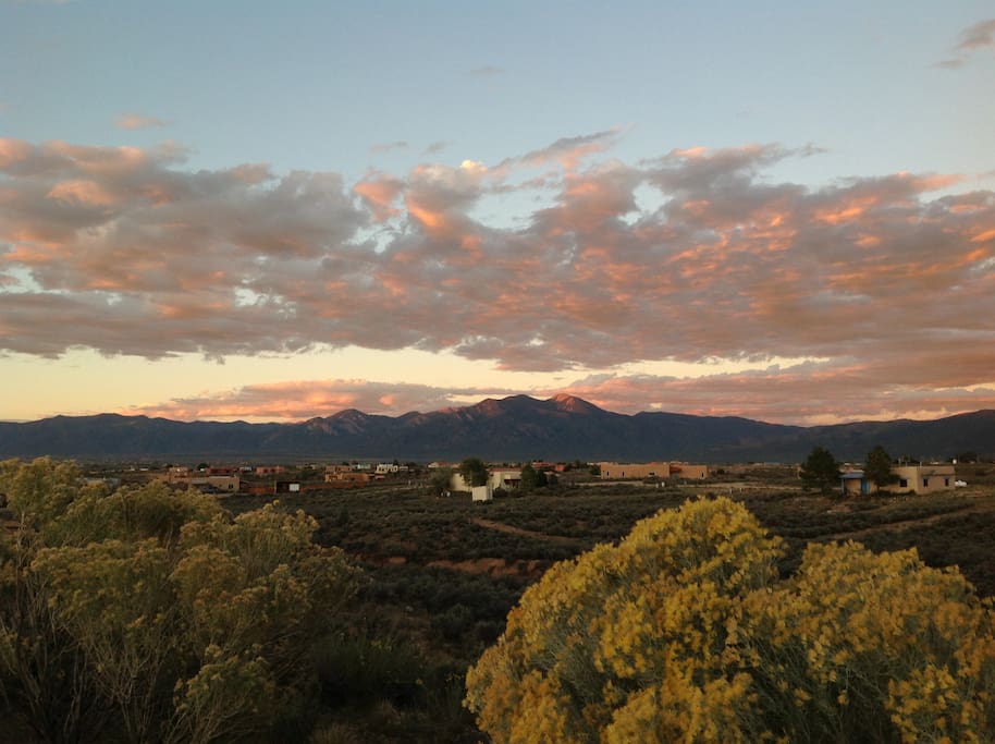 Mesa View Casa has sweeping views of the mountains and Taos skies. This is a view from the house.