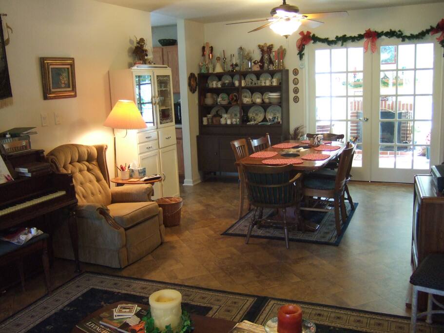 From dining to sunroom with fireplace
