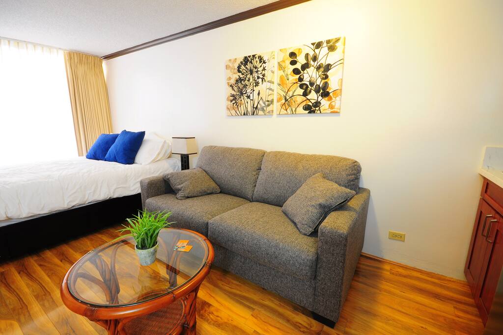 The studio comes with a queen bed, A/C, tv, sofa bed. Sorry no view.