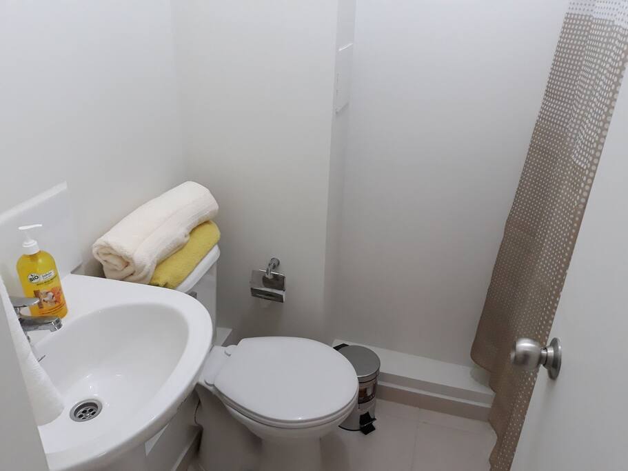 Baño con tina, agua caliente, calefont automático