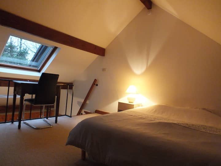 מיטה ושולחן כתיבה גדולים בקומת הביניים