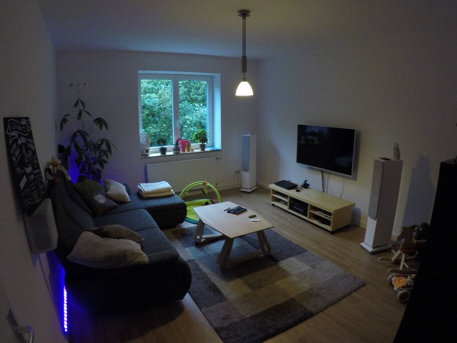 Wohnzimmer mit gemütlicher Couch (weiterer Schlafplatz) und 55 Zoll TV