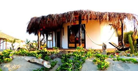 A charming bungalow with a thatched roof is set amidst lush greenery, positioned a short distance from the beach. Large glass doors provide access to the interior, while a hammock is gently hung on the porch, inviting relaxation in the natural surroundings.