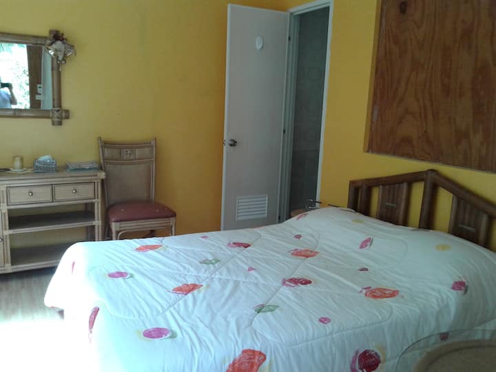 ห้องสีเหลืองพร้อมโถสุขภัณฑ์และฝักบัวน้ำร้อน/น้ำเย็น ตู้เย็นขนาดเล็กและสมาร์ททีวี