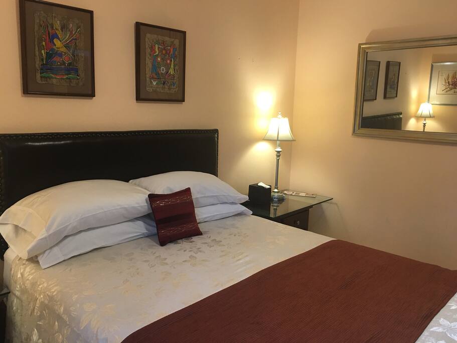 This room has an American Queen sized mattress and box spring that is just a bit larger than a Mexican queen bed- in this room only. It is very popular for 1 or two guests.