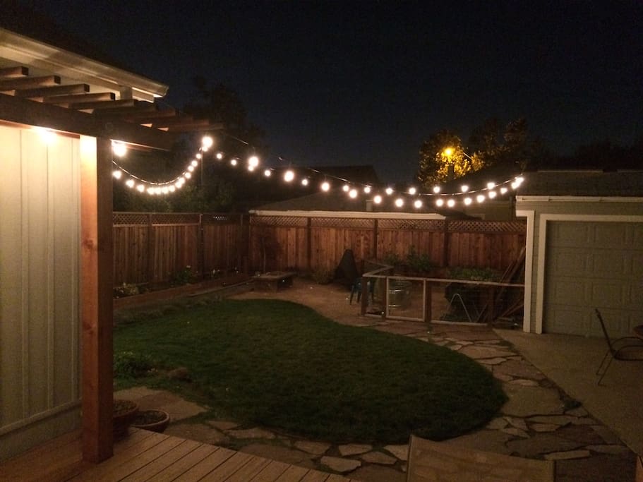 The view from the deck, lit up at night.