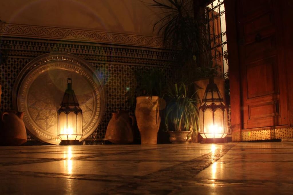 Central courtyard at night.
