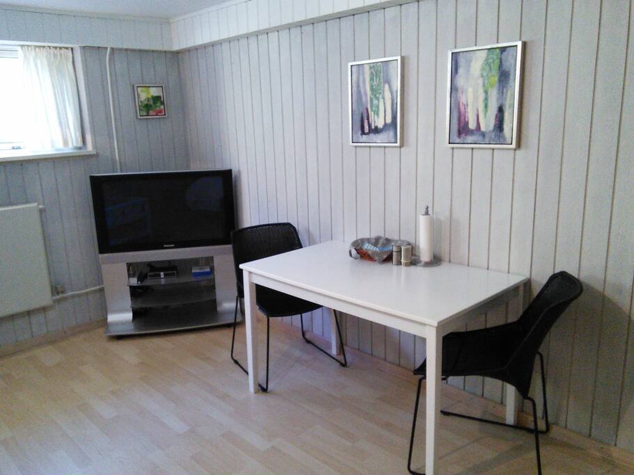 TV og spiseplads.