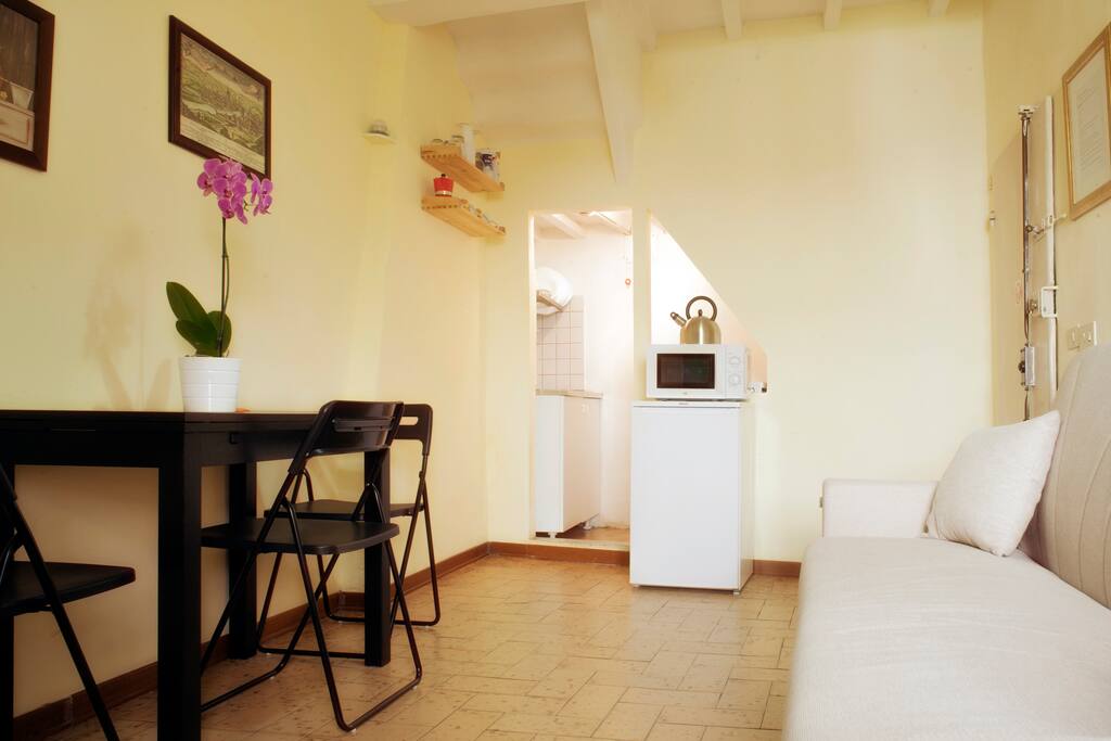 Living room with sofabed for 1 person, window, table and chairs. The wooden ceiling is original from the XVI century.