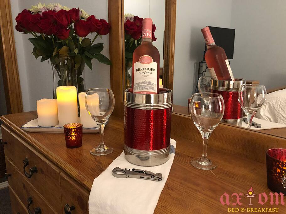The romantic package includes fresh roses (or flowers of your choice), your choice of wine, flame-less candles, rose petals, sensual aromatherapy. All customized and personalized to fit your needs!