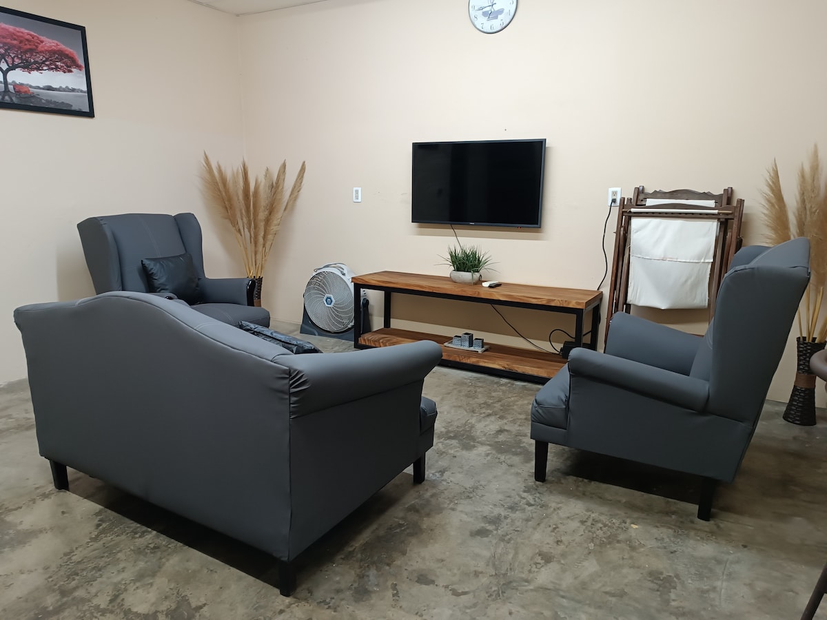 A comfortable seating area is set up with two dark chairs and a spacious couch, arranged around a wooden coffee table. A flat-screen television is mounted on the wall, and potted plants add a touch of greenery to the space.