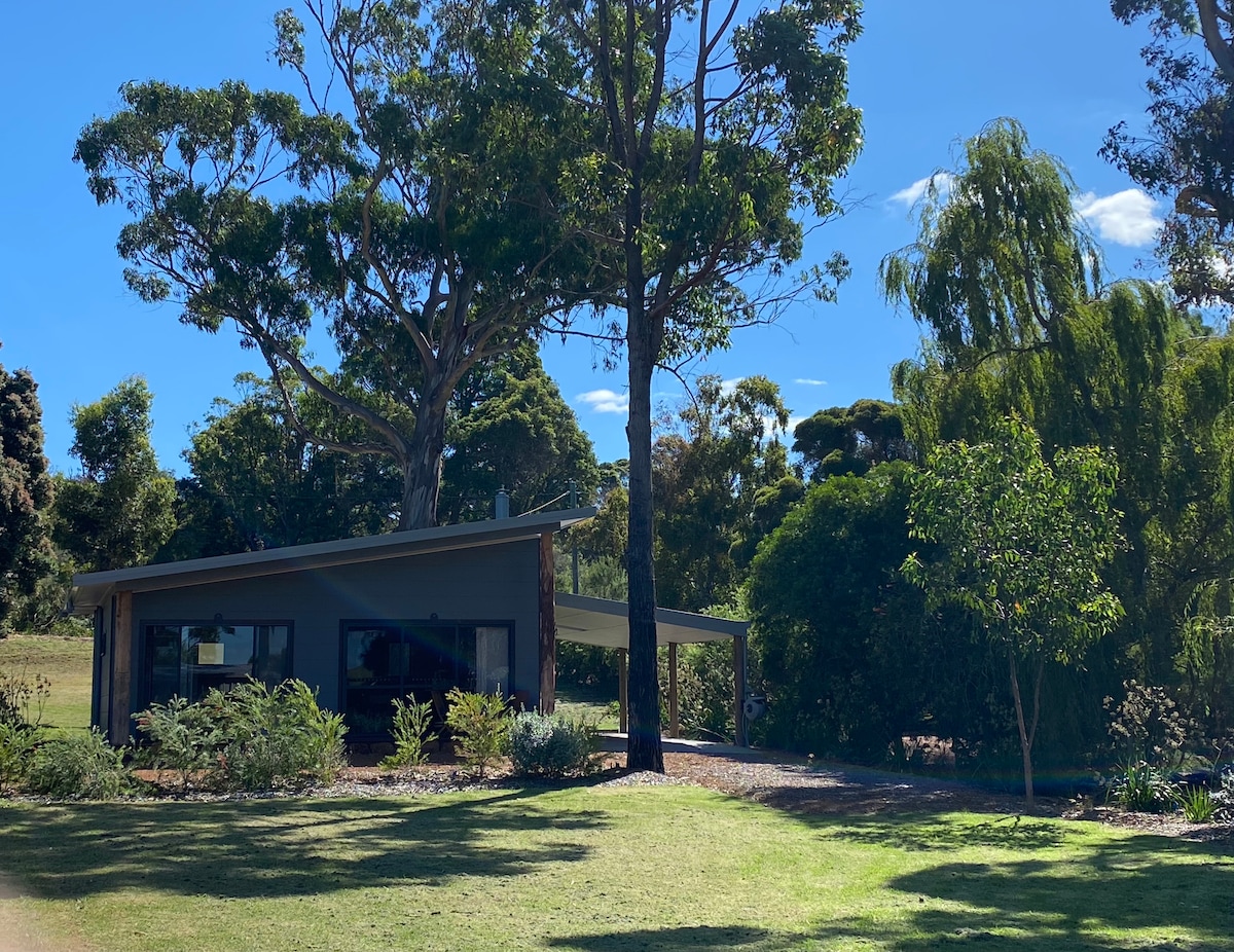 A modern studio retreat is nestled among lush greenery, featuring large windows that provide natural light. A covered patio extends from the structure, enhancing the spacious outdoor area surrounded by trees and garden plantings.