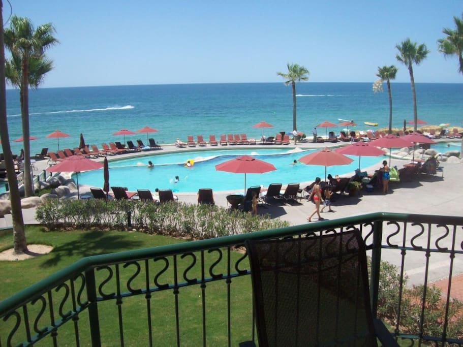 View of the pools from the balcony
