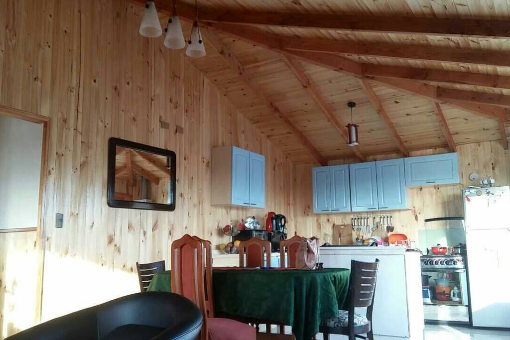 All open living-kitchen and dinner table. Wood contruction
