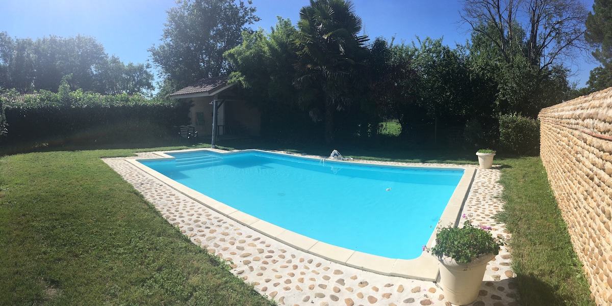 A rectangular pool is surrounded by a well-maintained grassy area and landscaped greenery. The water is clear and inviting, reflecting the blue sky. A stone pathway borders the pool, and flower pots are placed near the edges, enhancing the outdoor setting.