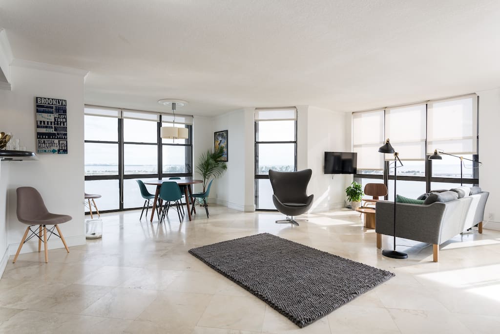 Bright living room with a view of the bay area